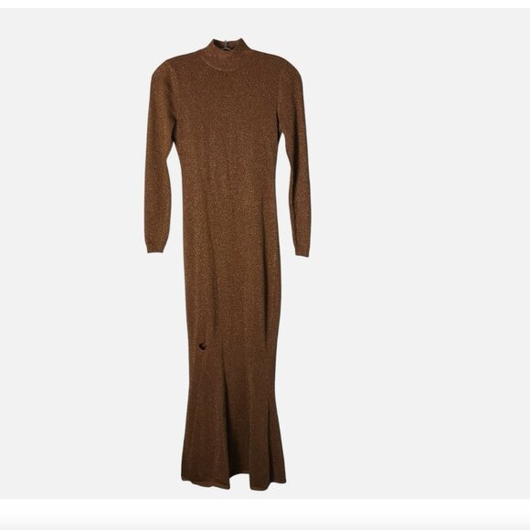 Ronny Kobo Dress Sheer Metallic Long-Sleeve Mock Neck Bronze Size XS *READ FLAW* - Picture 2 of 9